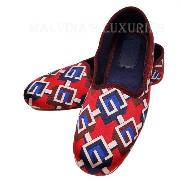 GUCCI SHOES GEOMETRIC G LOGO RED BLUE WHITE SATIN SLIPPER sz 39 9 US